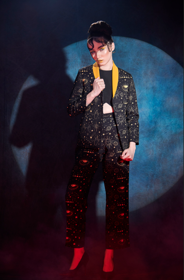 Printed blazer with front cut bustier and printed wide legged pants