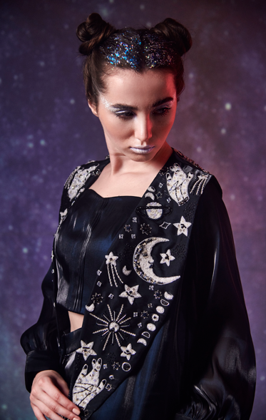 Lapel and back Embroidered Cape with Bustier with side slid bell bottom pants