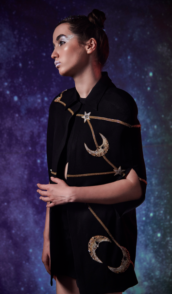 Embroidered Cape dress with front cut crop top and short pants