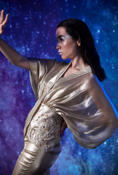 Waist embroidered organza Top with bell bottom layered pants