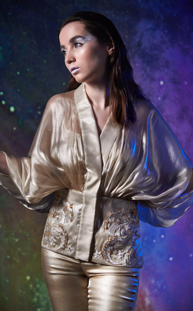 Waist embroidered organza Top with bell bottom layered pants