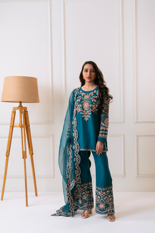 Daastan - Teal embroidered straight kurta set