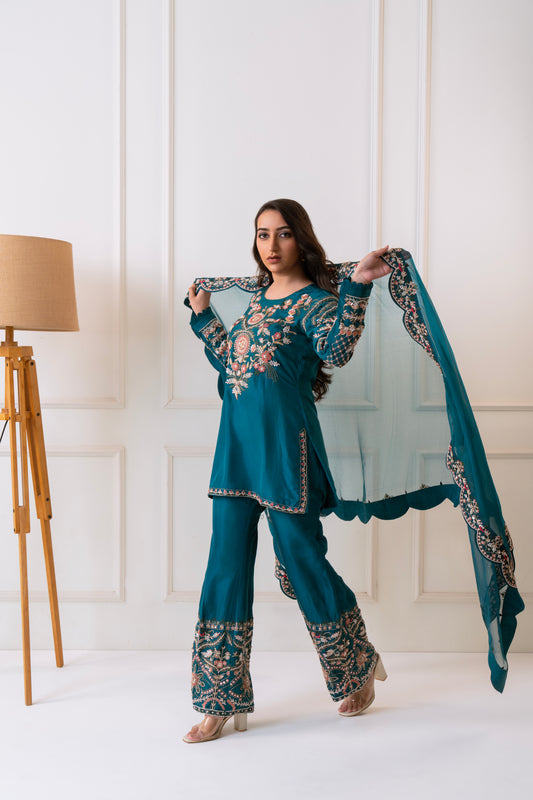 Daastan - Teal embroidered straight kurta set