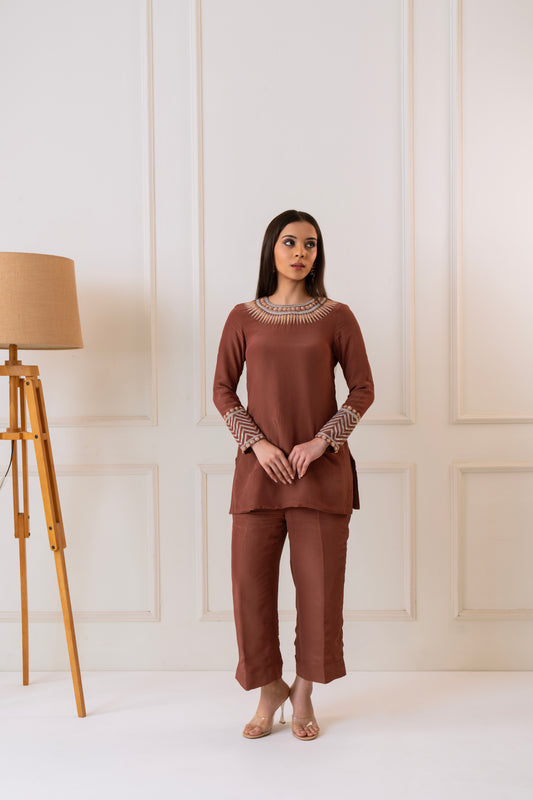 Jashn - Coffee brown embroidered Kurta set