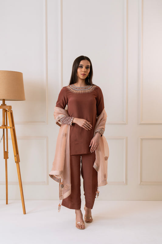 Jashn - Coffee brown embroidered Kurta set