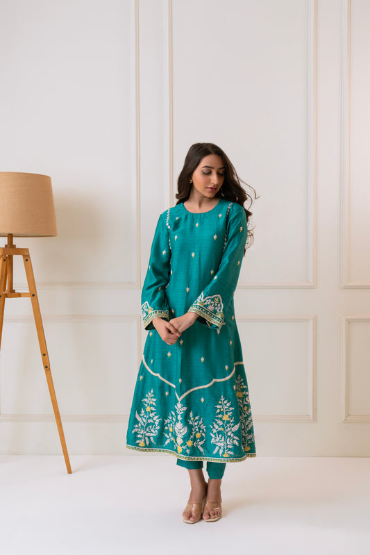 Basanti - Teal  & Yellow Kurta Set