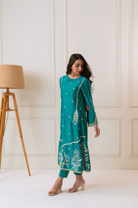 Basanti - Teal  & Yellow Kurta Set