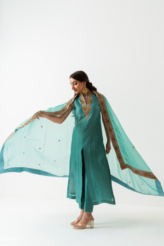 Neerja - Aqua Blue Panel Kurta Set