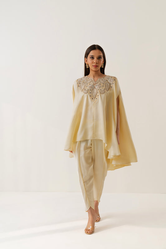 Badal - Ivory Cape set with embroidered neckline