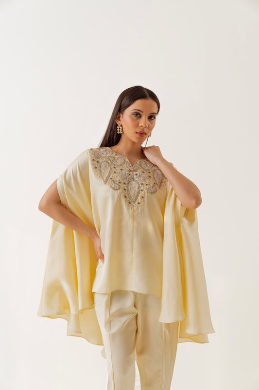 Badal - Ivory Cape set with embroidered neckline