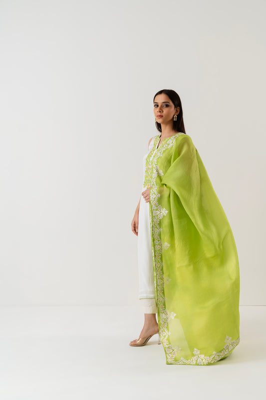 Chandbali - White and Neon Green Embroidered Set