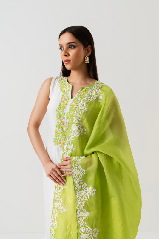Chandbali - White and Neon Green Embroidered Set