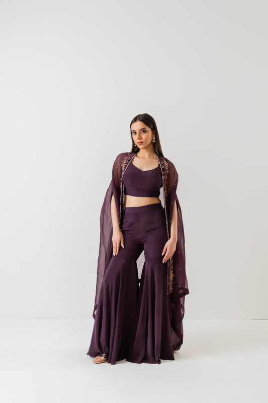 Jamuni - Deep Plum Cape Sharara Set
