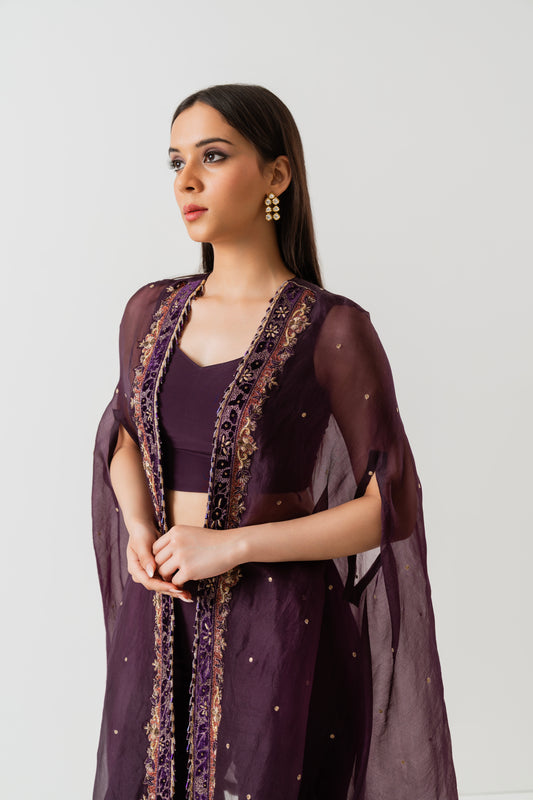 Jamuni - Deep Plum Cape Sharara Set