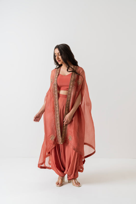 Surkh Rang - Terracotta Dhoti Cape Set