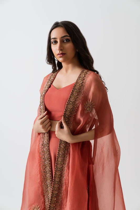 Surkh Rang - Terracotta Dhoti Cape Set