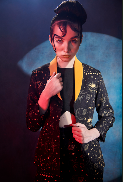 Printed blazer with front cut bustier and printed wide legged pants